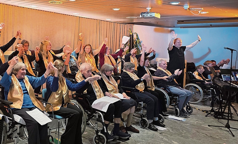 Freudiges Jubeln, die Sing- und Spielbegeisterten sind am Schluss ihrer Aufführung angekommen. Ganz rechts stehend Projektleiter Richard Geppert. Foto: U. Roth