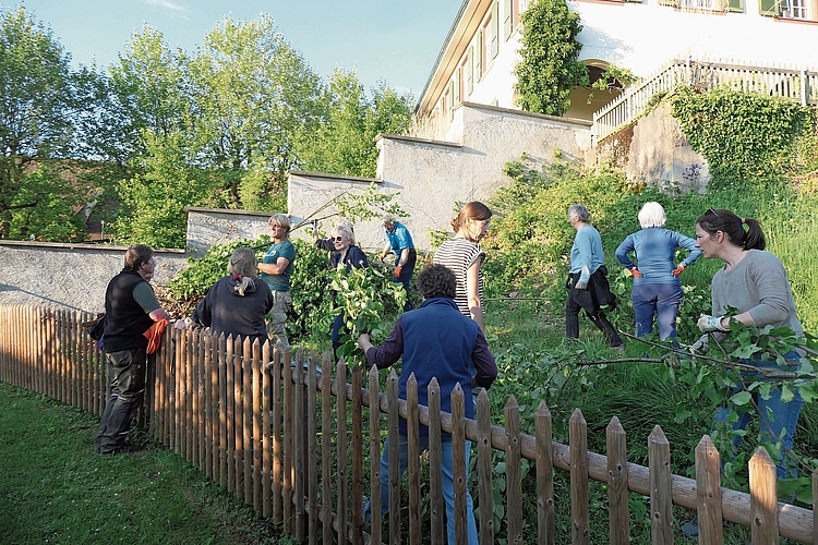Eines der Igelhotels lehnt sich als grüner Asthaufen an die Mauer. Fotos: U. HandschinLetzte Äste schleppt unter anderem die Organisatorin Monika Handschin (r. aussen), während Kursleiter Michael Studer (3. v. l.) Anleitung gibt. 
