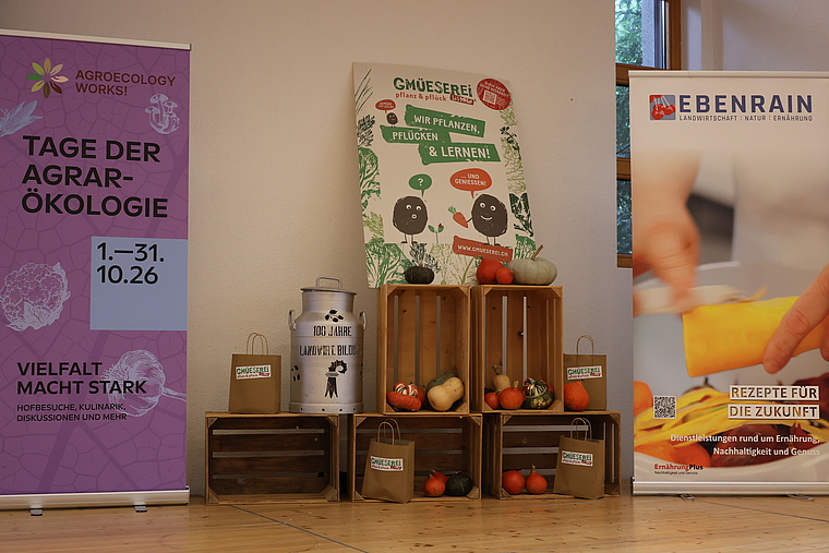 Diverse Informationsbanner anlässlich des Tages der Agrarökologie. Foto: B. Eglin
