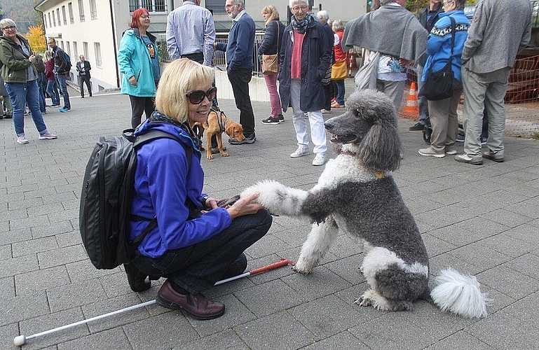 Dankbare Sehbehinderte mit ihrem Blindenhund Zeus.
