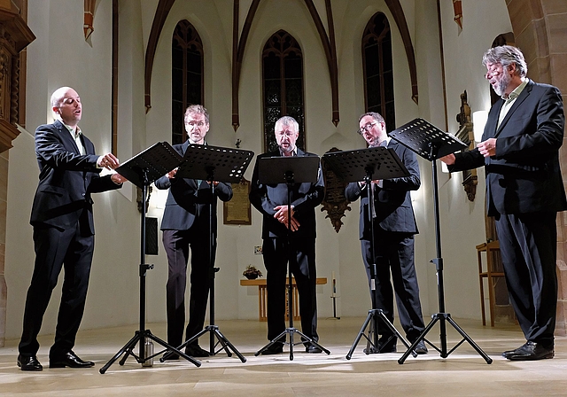 Vollendete Klangpracht: Terry Wey, Countertenor; Achim Schulz, Tenor; Ulfried Staber, Bass; Tim Scott Whiteley, Bariton, und Tore Tom Denys, Tenor (v. l.).Foto: T. Brunnschweiler