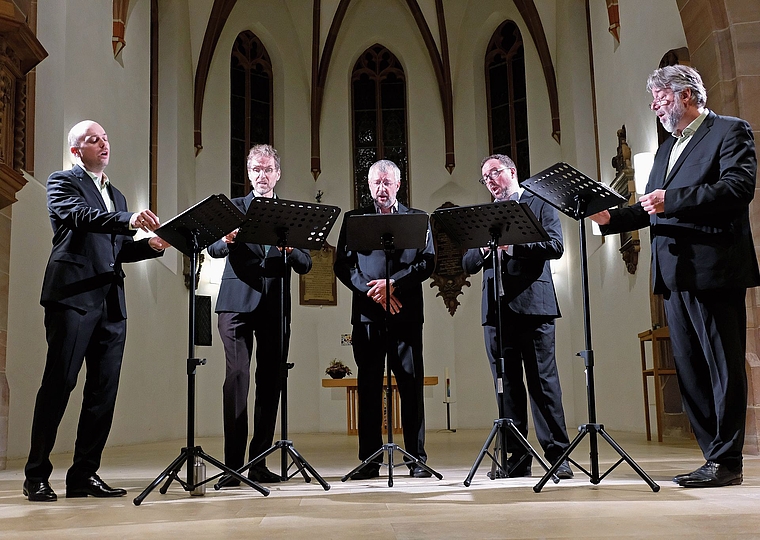 Vollendete Klangpracht: Terry Wey, Countertenor; Achim Schulz, Tenor; Ulfried Staber, Bass; Tim Scott Whiteley, Bariton, und Tore Tom Denys, Tenor (v. l.).Foto: T. Brunnschweiler