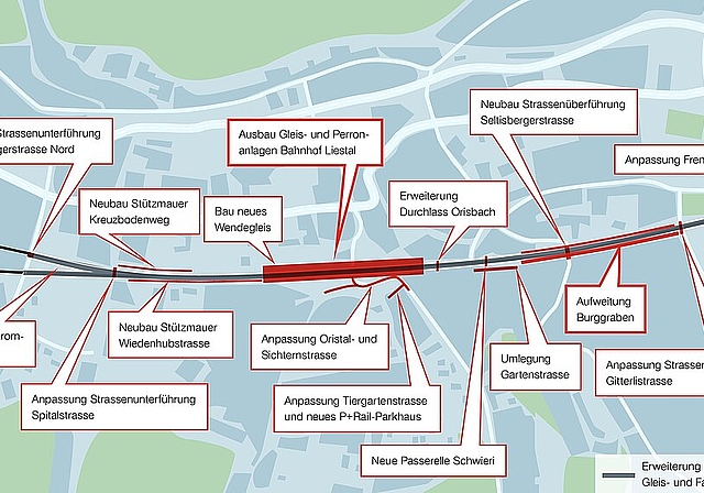 Rund um den Bahnhof Liestal wird bis 2025 an verschiedenen Stellen gebaut. Grafik: zVg/SBB
