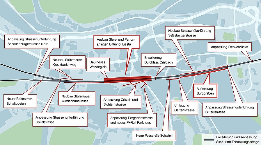 Rund um den Bahnhof Liestal wird bis 2025 an verschiedenen Stellen gebaut. Grafik: zVg/SBB

