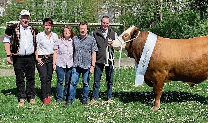 Der Siegermuni «Birrer’s Falco vom Oristal» mit (v. l.) Gabenchef Harald de Fries, OK-Präsidentin Sandra Sollberger, die Muni-Sponsoren Brigitte und Marco Falchi sowie Muni-Züchter Patrik Birrer. Fotos: W. Wenger