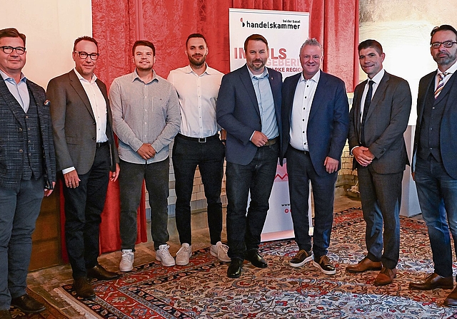 Die Hauptprotagonisten am «Unternehmer!nnen»-Treff Liestal im Hotel Bad Eptingen. Von links: Patrick Zaugg, Andreas Meier (beide HKBB), Dennis Pflie, Gabriel Barmettler (beide BLT), Matthias Liechti (Landrat und Regierungsrats-Kandidat), Urs Bachma