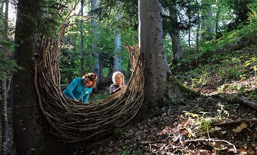 «Parallel-Perspektive-Kontinuität» von Sandra Huber und Heidi Binggeli, Schweiz, tote Zweige aus der Umgebung. Heidi Binggeli und Sara Huber, zwei Floristinnen aus der Schweiz, haben dieses Werk gemeinsam geschaffen. Es besteht aus zwei U-förmigen Geflechten mit Öffnung nach oben, jedes angebracht zwischen zwei Bäumen. Diese Bäume stehen in einem Waldstück am Hang. Sie wurden so gewählt, dass sie eine Parallele bilden und somit eine Tiefenperspektive ermöglichen, wie es der Titel sagt.  Die Wiederholung der beiden Geflechte soll aber auch Kontinuität darstellen – der ewige Kreislauf des Werdens und Vergehens.