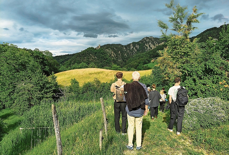 Wald, Wiesen, Felsen und Burg: kulturaffine Basler/-innen unterwegs in der Baselbieter Landschaft. Fotos: M. Schaffner