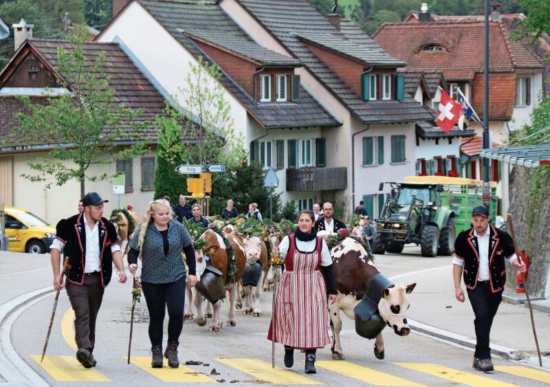 Christoph und Samira Gerber-Waser (rechts) vom Weiler Bärenwil brachten ihre Tiere zum zweiten Mal auf den Schauplatz: «Diesen Tag möchten wir nicht missen», sagen sie.