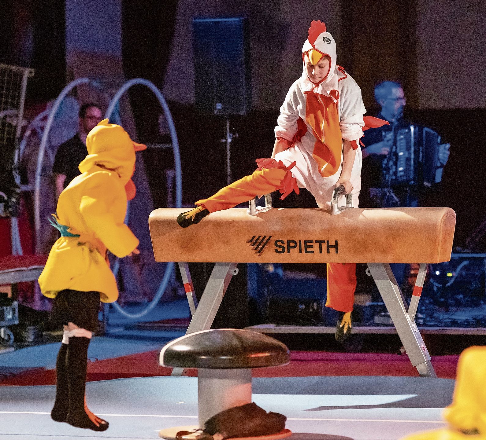 Zuweilen war es sehr lustig, als die Nachwuchs-Kunstturner als Hühner verkleidet auftraten. 