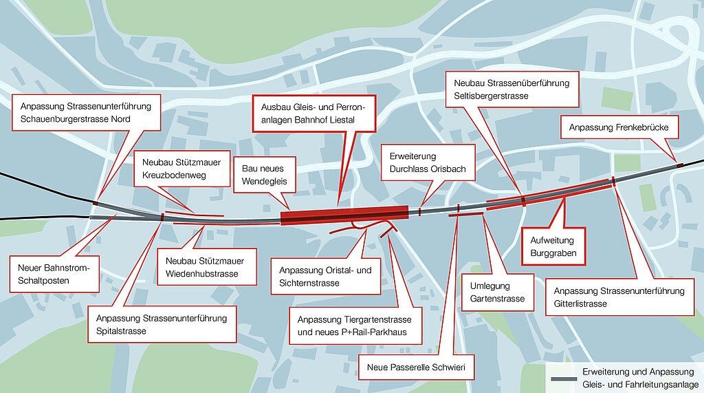 Rund um den Bahnhof Liestal wird bis 2025 an verschiedenen Stellen gebaut. Grafik: zVg/SBB

