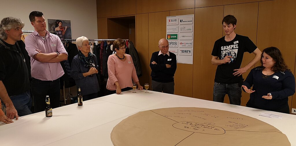 Das Moderationsteam Barbara Hostettler und Dominik Würslin erklären die Ideenfindung an einem der Tische. Fotos: B. Ermel
